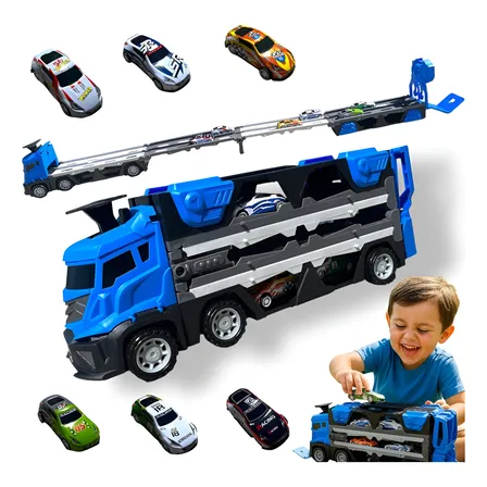 Caminhão Cegonheira Vira Pista + 6 Carrinho Brinquedo Menino