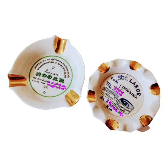 2 Cinzeiros Antigos Porcelana Ouro Propaganda Nocar E Labor