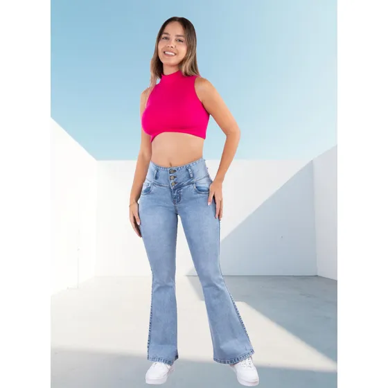 Pantalón Jean Modelo Sirena Con 3 Botones Para Mujer