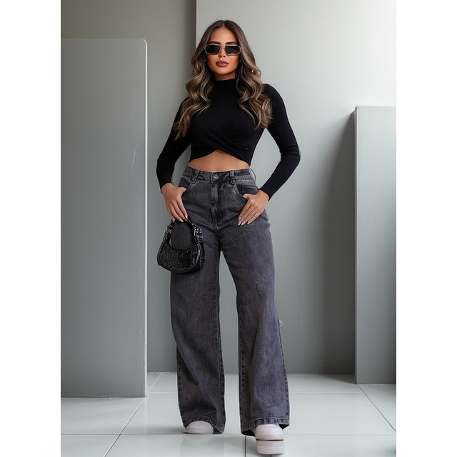 Calça Jeans Feminina Wide Leg Pantalona 100% Algodão Calça Jeans Feminina Wide Leg Pantalona 100% Algodão