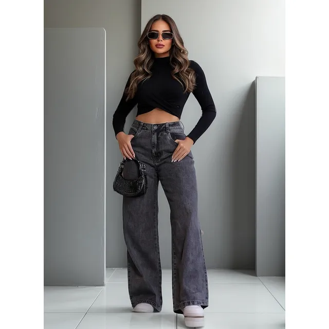 Calça Jeans Feminina Wide Leg Pantalona 100% Algodão Calça Jeans Feminina Wide Leg Pantalona 100% Algodão