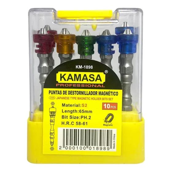 Juego 10 Puntas Phillips Magnéticas Dobles PH2 1/4" Kamasa Acero S2