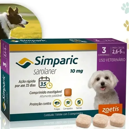 Simparic 10mg Antipulgas 2,6 A 5kg Zoetis 3 Comprimidos Roxo