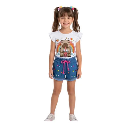 Conjunto Festa Infantil Short Jeans Blusa Capivara Arco Íris