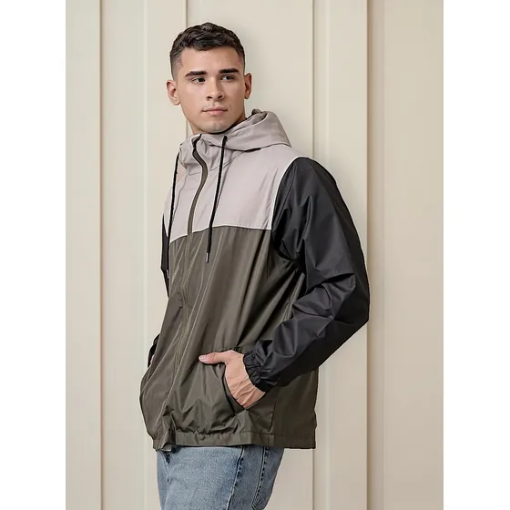 Campera Rompevientos Combinada C/ Capucha Y Bolsillos Hombre