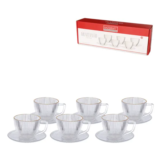 Kit Jogo 6 Xícaras Chá Vidro Graffiato Borda Dourada 230ml