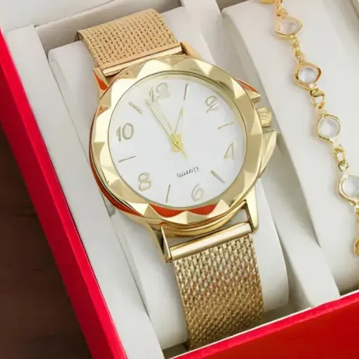 Kit Relógio Feminino Colar Brinco Pulseira Folheado Presente Dourado