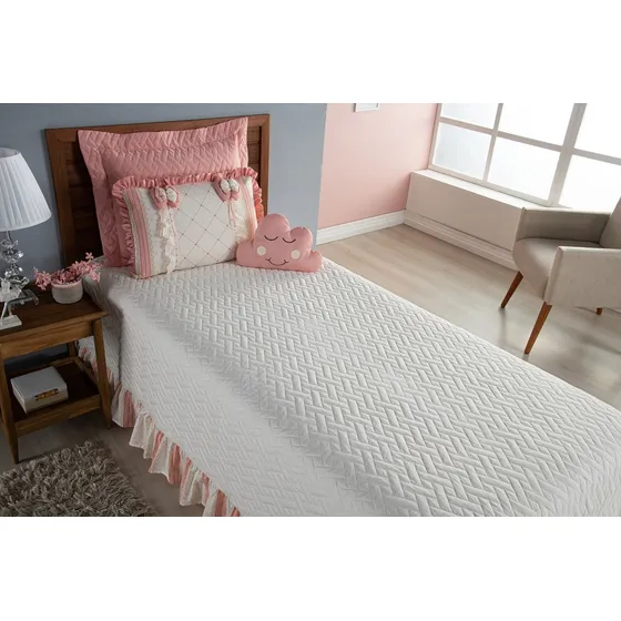 Kit Cobre Leito Florence Solteiro 04 Peças C/ Babado Premium Cor Palha