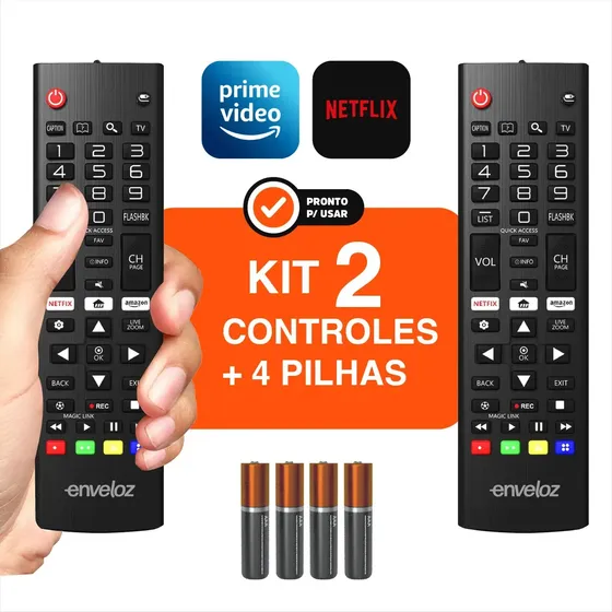 Kit 2 Controles Remotos Universal ENVELOZ Com Teclado para TV LG Smart 4K Netflix e Prime Video