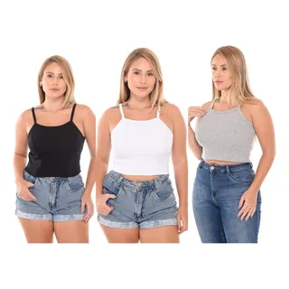 Kit 3 Cropped Blusinha Canelada Em Ribana Kit 3 Cropped Blusinha Canelada Em Ribana