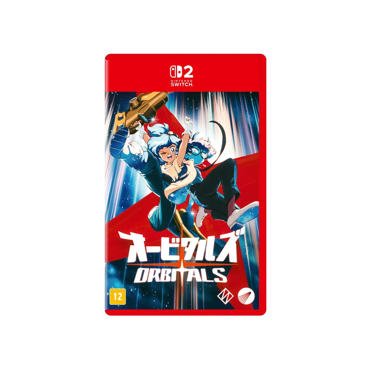 Capa do jogo físico Orbitals para Nintendo Switch com arte estilo anime mostrando dois personagens em um cenário espacial, com selo de classificação indicativa 12 anos.