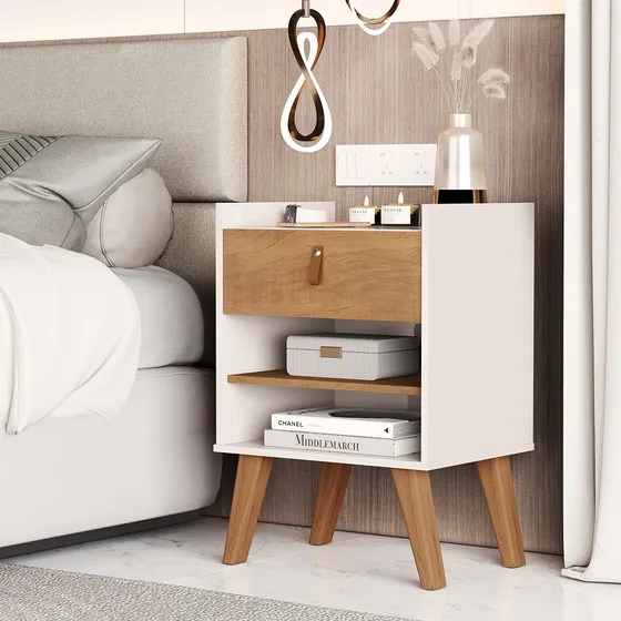 Mesa De Cabeceira Com Pés De Madeira E Gaveta 100% Mdf 