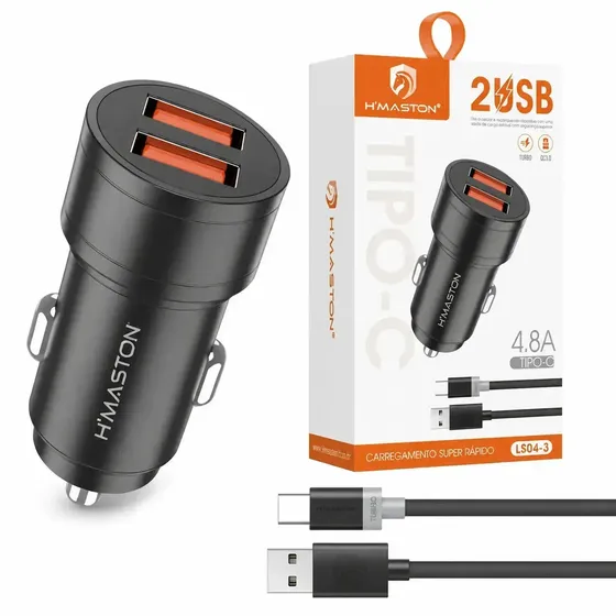 Kit Carregador Veicular 12v 4.8a 2 Usb Turbo Cabo Usb-c Com Cabo Duas Portas Usb 3.0 Super Rápido 2 Celulares