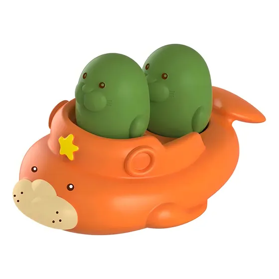 Juego De Baño Agua En Silicona Barco Y Muñecos Bebé Huanger Color Naranja