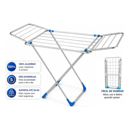 Varal De Chao C/ Abas 100% Aluminio 137cm Reforçado Dobrável Prateado ALLUOR PRO