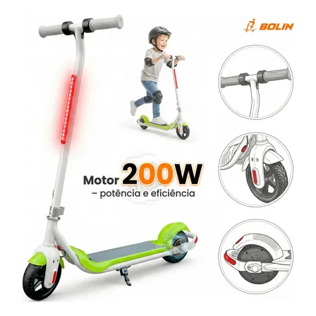 Patinete Elétrico Infantil Bolin Ks203 Para Meninos E Meninas, Verde Com Luzes Led E Autonomia De 12 Km