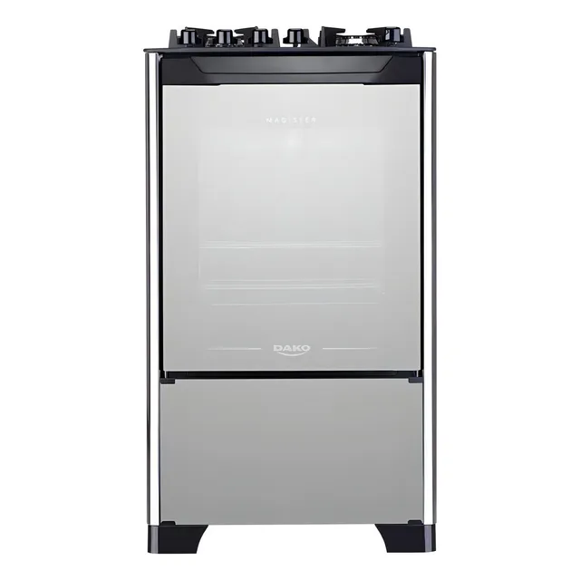Fogão 4 Bocas Preto com Frente em Vidro Espelhado e Mesa de Vidro Dako Magister Style 127/220V porta cega e Forno de 60L