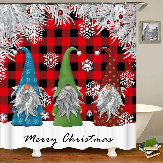 Dolasev Cortina Ducha Navidad Cuadro Rojo Para Baño Gnomo