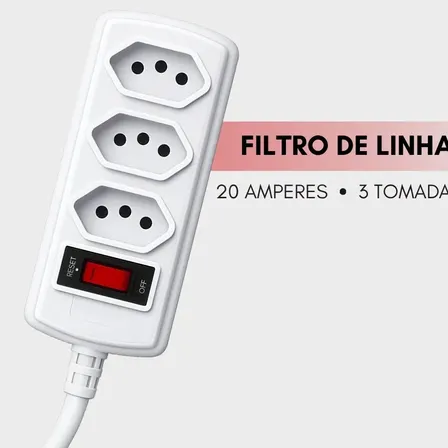 Filtro de Linha com Protetor de Surto DPS 20 amperes 3 tomadas branco 1,5 metros para ar condicionado forno micro ondas Force Line