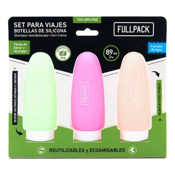 Set X 3 Botellas De Silicona Fullpack Viajes Equipaje Cabina