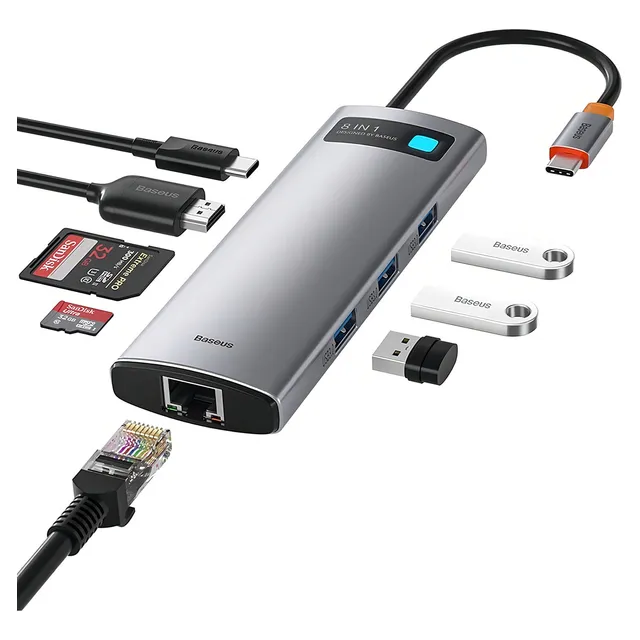 Adaptador Baseus 8 en 1 Hdmi Rj45 USB 3.0, lector SD y TF, color gris oscuro
