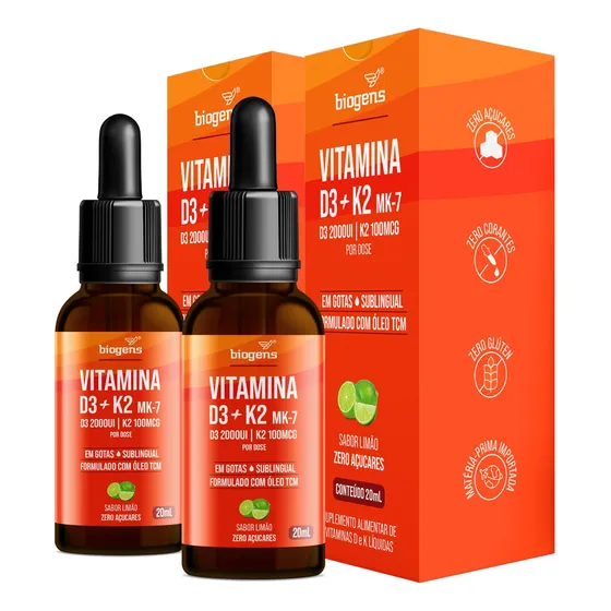 Kit C/ 2x Vitamina D3 + K2 Mk7, Gotas, Sabor Limão, Biogens