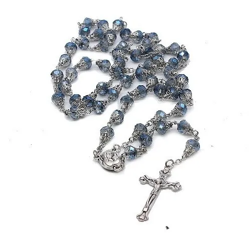 Rosario Con Cuentas De Cristal Celeste Virgen María /tierra