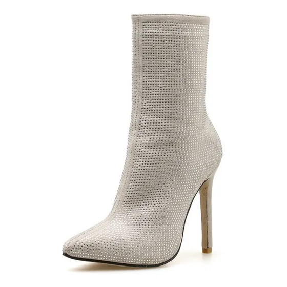 Botas De Salto Alto Com Strass E Bico Fino Para Mulheres