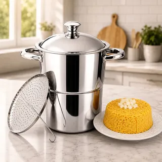 Cuscuzeira Inox 2,5l Premium Compatível Indução Aço Inoxidável Para Cuscuz Nordestino Cozedor A Vapor Fogão Gás Elétrico Vitrocerâmico Carinho Na Barriga Prateada