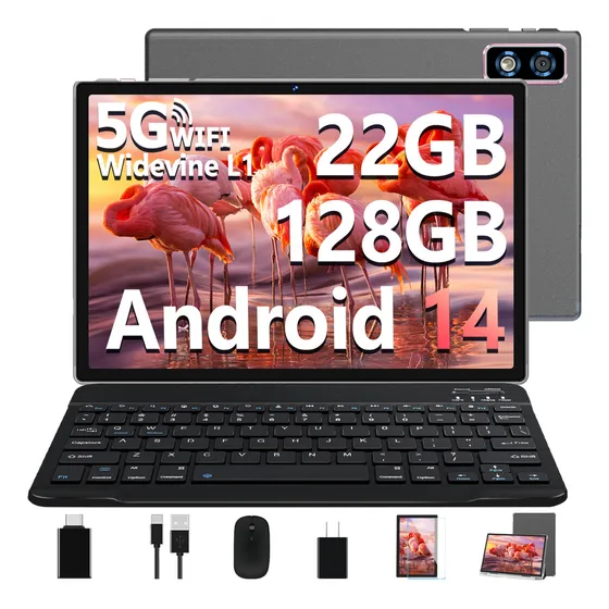 Newest Tablet 10.1 Pulgadas Android 14, 22(6+16)gb Ram+128gb Rom/tf 2tb, 8-core 2.0ghz, 8000mah, 5g+2,4g Wifi | Widevine L1 | Netflix Fhd | Gps | Bt5.0 | Face Id| Gms Tablet Con Teclado, Funda Y Ratón