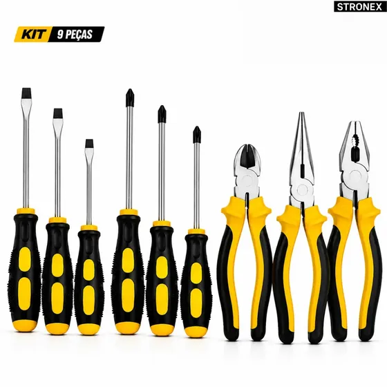 KIT FERRAMENTAS COMPLETO 9 PEÇAS CHAVES FENDA PHILLIPS MAGNÉTICAS 3 ALICATES UNIVERSAL CORTE BICO PROFISSIONAL COMPLETO PONTA MAGNÉTICA BICO CORTE DIAGONAL KIT CHAVE DE FENDA STRONEX