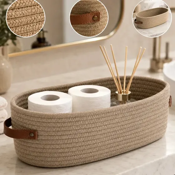 Cesto Organizador Multiuso Em Algodão Trançado Decorativo Premium Com Alças De Couro Para Brinquedos E Roupas