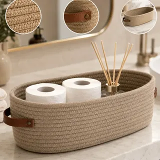 Cesto Organizador Multiuso Em Algodão Trançado Decorativo Premium Com Alças De Couro Para Brinquedos E Roupas
