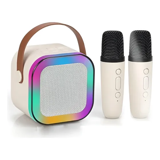 Karaokê Caixa De Som Infantil Com 2 Microfones Sem Fio Com Bluetooth Led Portatil 127/220V K12