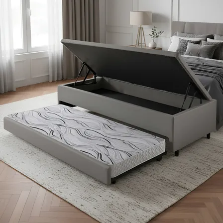 Bicama Solteiro B&g Box Baú 88x188 Courino Linho Cinza Colchão Auxiliar Ecoflex