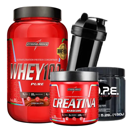 Combo Whey Integral 100% 900g+creatina Pura+pre Treino+brind
