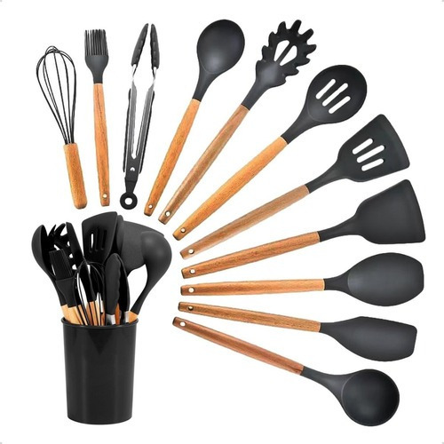 Kit Colheres Silicones 12 Peças Silicone C/ Suporte Bambu Cor Preto Kit Colheres Silicones 12 Peças Silicone C/ Suporte Bambu Cor Preto