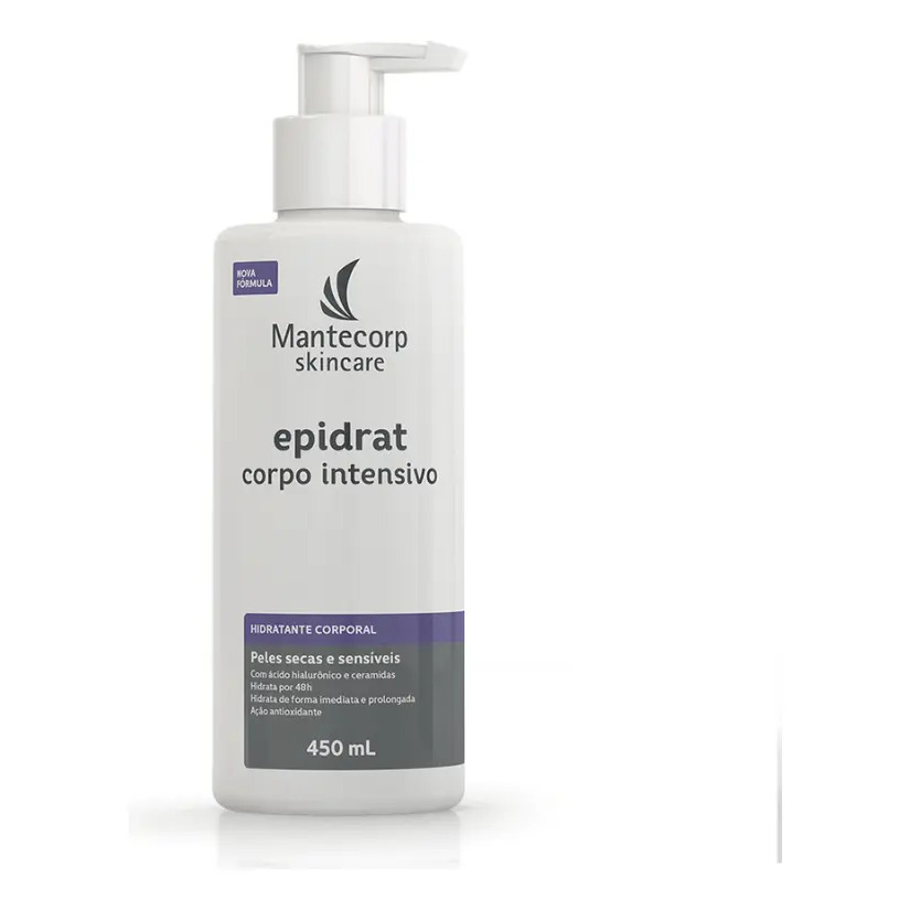 Frasco branco de hidratante corporal Mantecorp Epidrat Corpo Intensivo de 450ml com válvula pump e rótulo contendo informações sobre a nova fórmula e benefícios para peles secas e sensíveis