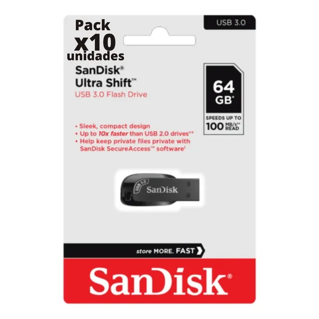 Pack X10 Pendrive 64 Gb Usb 3.0 100 Mb Veloz Shift Sandisk