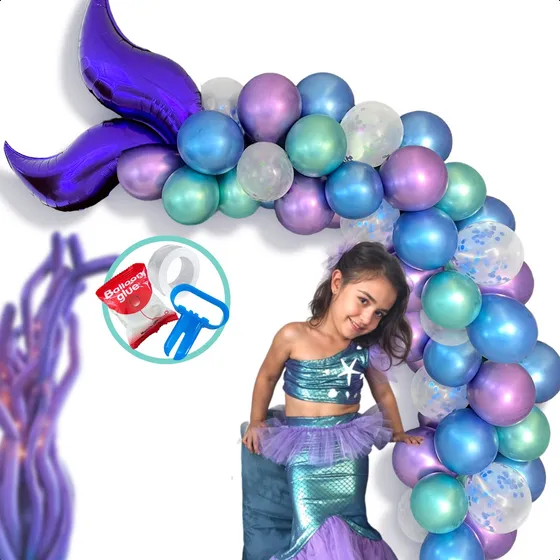 Arco 44 Globos Cola Sirena Morado Fiesta Metálico Cumpleaños