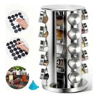 Especiero Giratorio, 20 Frascos De Cristal Para Especias Plateado