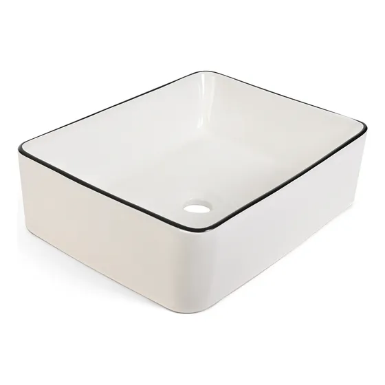 Goral Lavabo Ovalin De Ceramica Blanco Con Negro Para Baño Baños Rectangular Cuadrado De Sobreponer Acabado Alto Brillo Economico Pequeños Medianos Modernos Lavadero Para Casa Casas Elegante Al-115
