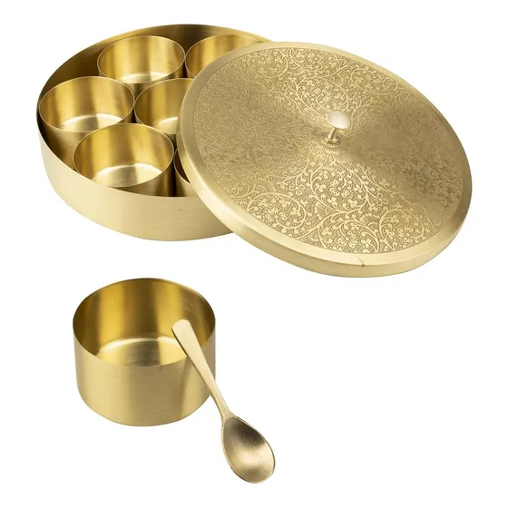Nuevo Juego Estuche Masala Laton Puro Recipiente Cuchara