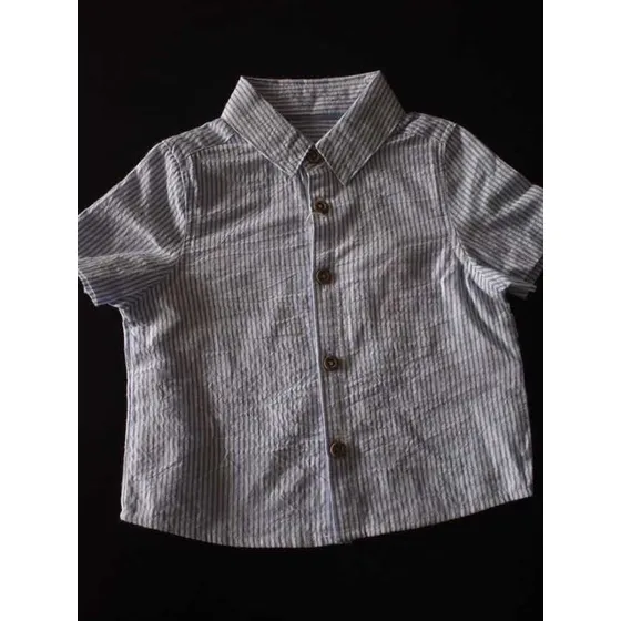 Camisa De Niño Manga Corta Azul De Rayas Blancas. Importada