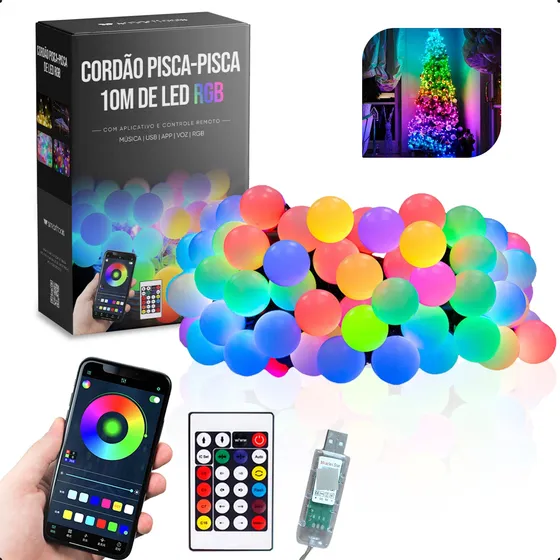 Varal De Luz Pisca Pisca 10m Com Lâmpadas Bolinhas Coloridas Rgb Evento Natal Ip68 Com Controle E Aplicativo Bluetooth - Smart Tools