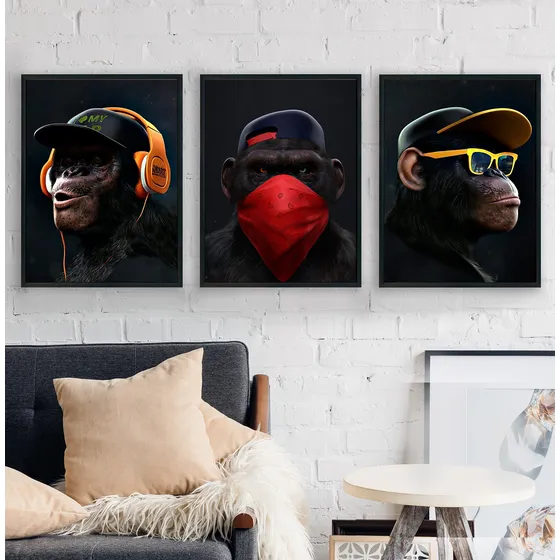X3 Cuadros Monos Sabios 33x44cm Marco Vidrio Imprimetuposter