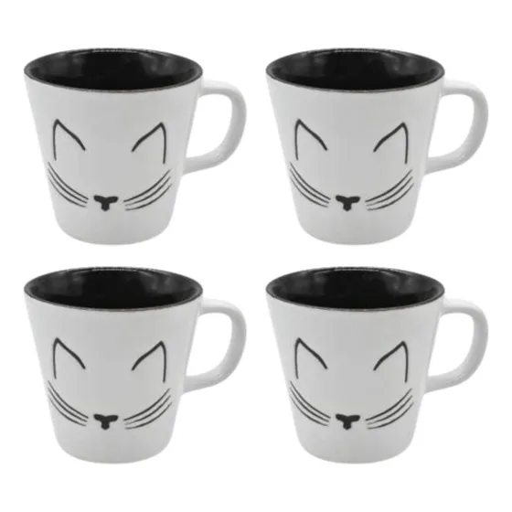 Set 4 Tazas Cerámica Gatos 8x7.5 Cm Café Pequeñas Blanco Y Negro Gatitos