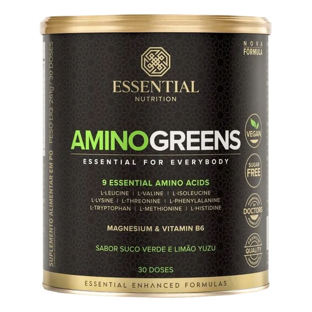 Amino Greens 261g Essential Nutrition 30 Doses 9 Aminoácidos Sabor Suco Verde E Limão Yuzu