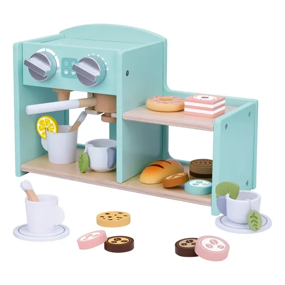 Juego de cafetería de madera para preparar y servir café, te, alimentos y pastelitos | Juego de simulación de Cocina | Juguete para niñas | Cafetera cocinita para niña | MAGICAMENTE