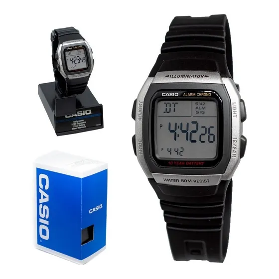 Reloj Casio Clasico Unisex W96 Negro Digital Números Grandes Color del bisel Plateado